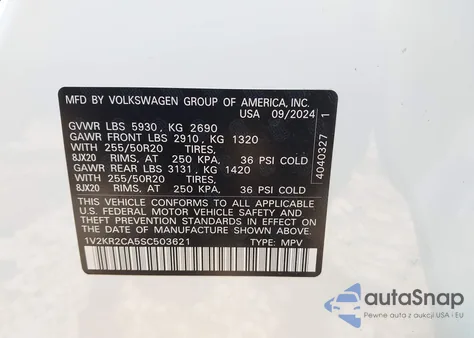2025 Volkswagen Atlas 2.0T Se W/Technology z USA, uszkodzony, nr VIN 1V2KR2CA5SC503621
